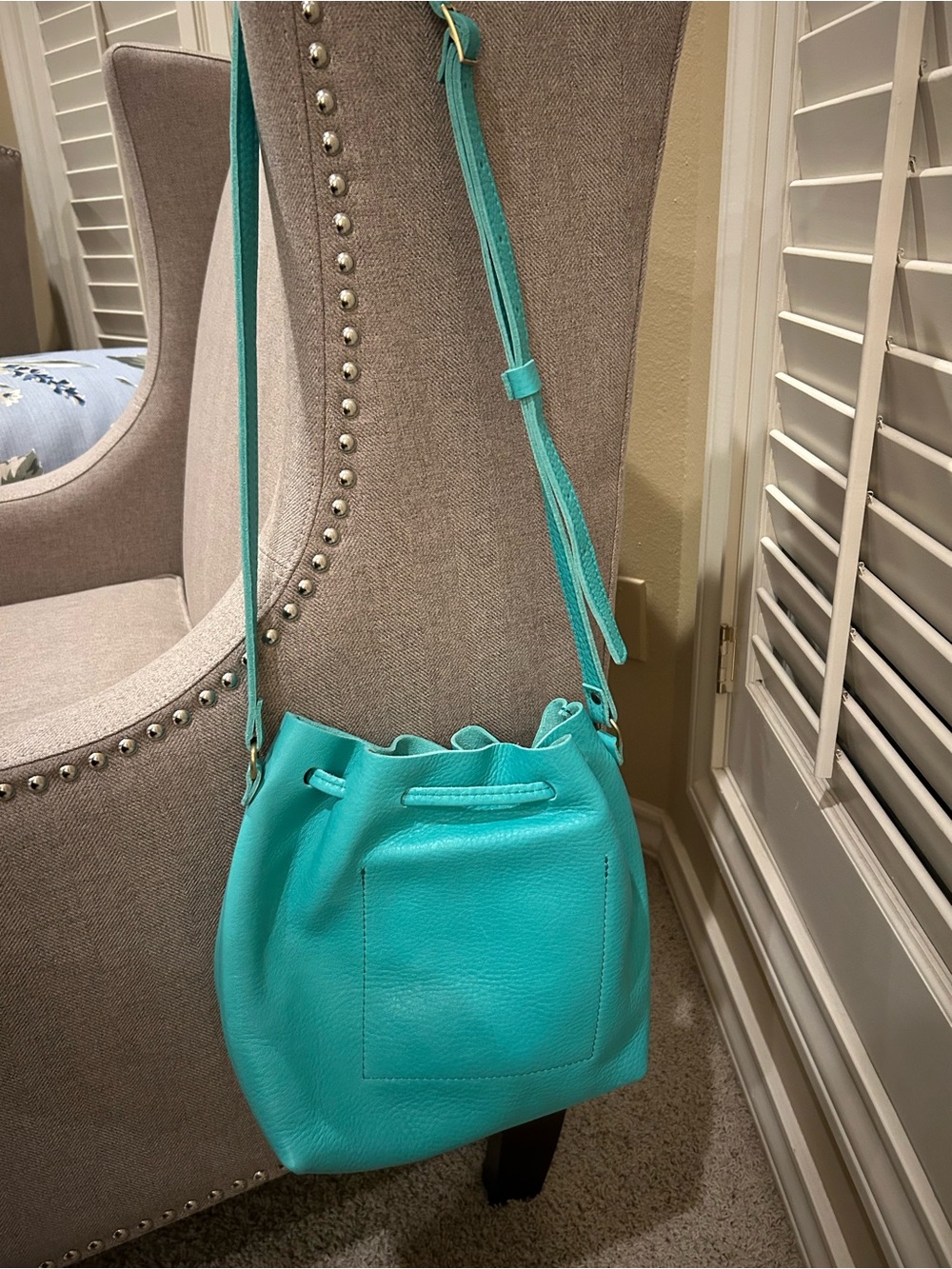 Portland Leather Turquoise Drawstring Bucket Bag - Picture 2 of 6